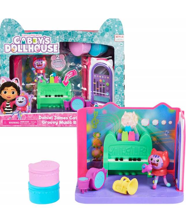 Gabby's Dollhouse muzikos kambario rinkinys su DJ Catnip figūrėle, pianinu ir būgnais