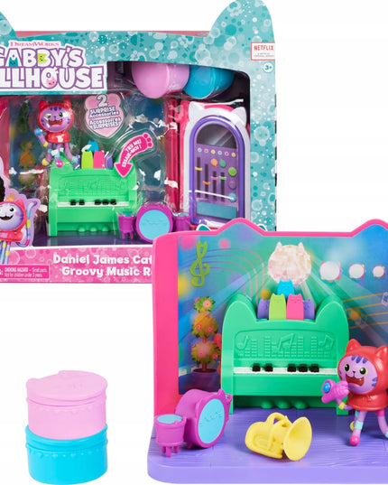Gabby's Dollhouse muzikos kambario rinkinys su DJ Catnip figūrėle, pianinu ir būgnais