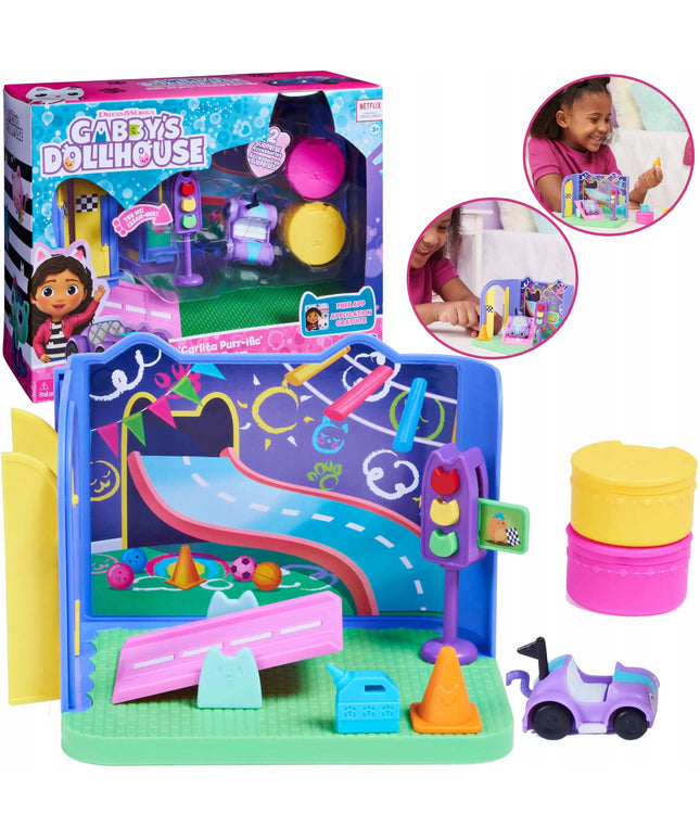 Gabby's Dollhouse žaidimų kambario rinkinys su „Kocifura“ figūrėle ir priedais