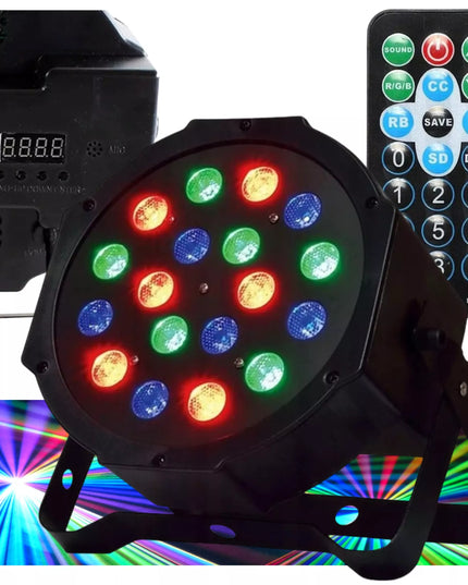 SPALVŲ KOLOROFONAS LEMPA 18LED STROBOSKOPO REFLĖKTORIUS DISKOTEKINIS VAKARĖLIUI DMX REŽIMAI