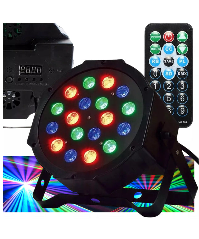 SPALVŲ KOLOROFONAS LEMPA 18LED STROBOSKOPO REFLĖKTORIUS DISKOTEKINIS VAKARĖLIUI DMX REŽIMAI