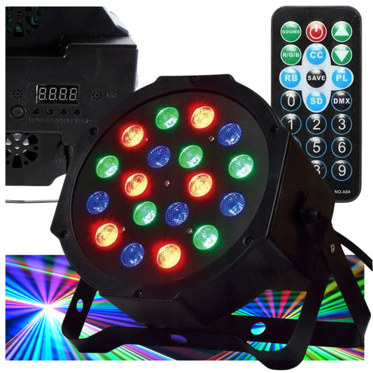 SPALVŲ KOLOROFONAS LEMPA 18LED STROBOSKOPO REFLĖKTORIUS DISKOTEKINIS VAKARĖLIUI DMX REŽIMAI