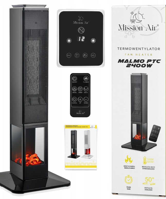 Koloninis ventiliatorinis šildytuvas su židinio efektu Mission Air MALMO Black 2400W