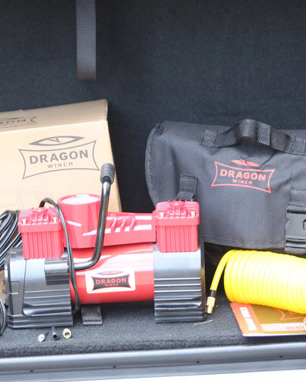DWUTŁOKOWY KOMPRESOR SAMOCHODOWY DRAGON WINCH DO OPON Sprężarka 12V