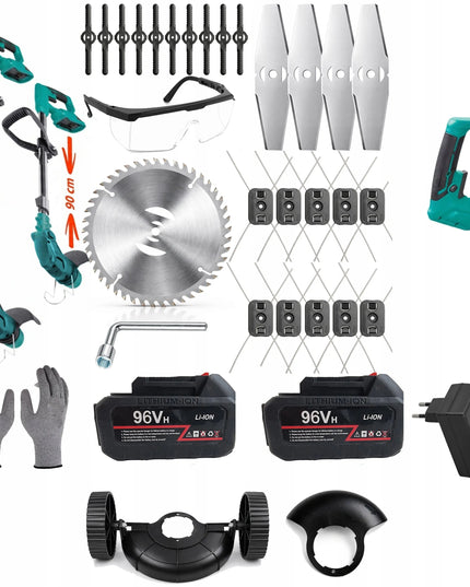 Akumuliatorinė žoliapjovė – trimeris su dviem baterijomis, galingas XXL rinkinys