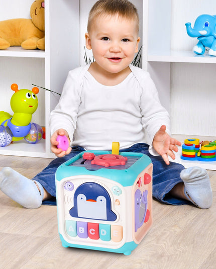 Ugdomasis sensorinis kubas - rūšiuoklis, labirintas, vėrimo žaislas, pianinas 7in1