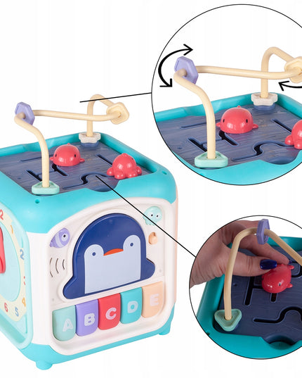 Ugdomasis sensorinis kubas - rūšiuoklis, labirintas, vėrimo žaislas, pianinas 7in1