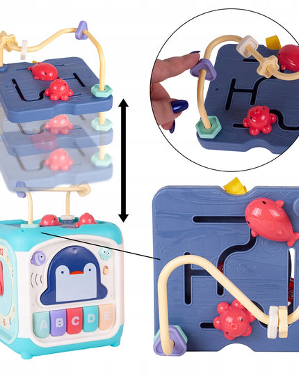 Ugdomasis sensorinis kubas - rūšiuoklis, labirintas, vėrimo žaislas, pianinas 7in1