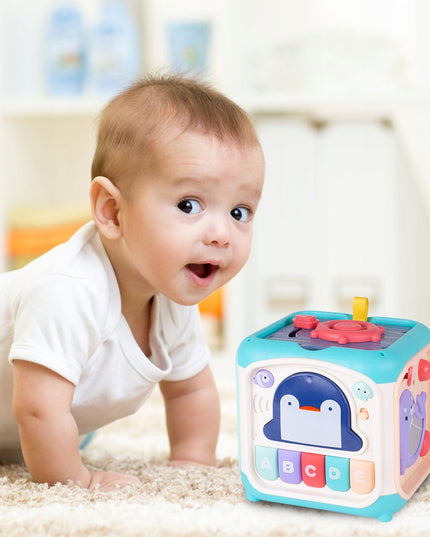 Ugdomasis sensorinis kubas - rūšiuoklis, labirintas, vėrimo žaislas, pianinas 7in1