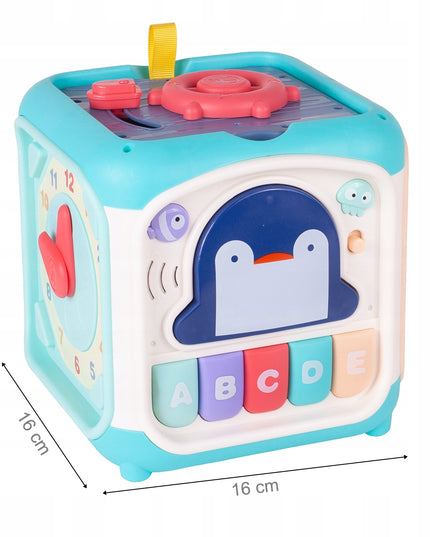 Ugdomasis sensorinis kubas - rūšiuoklis, labirintas, vėrimo žaislas, pianinas 7in1