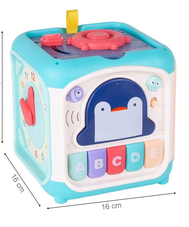 Ugdomasis sensorinis kubas - rūšiuoklis, labirintas, vėrimo žaislas, pianinas 7in1