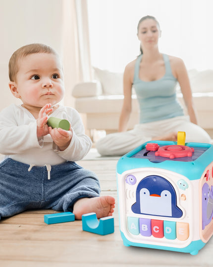 Ugdomasis sensorinis kubas - rūšiuoklis, labirintas, vėrimo žaislas, pianinas 7in1