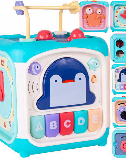 Ugdomasis sensorinis kubas - rūšiuoklis, labirintas, vėrimo žaislas, pianinas 7in1
