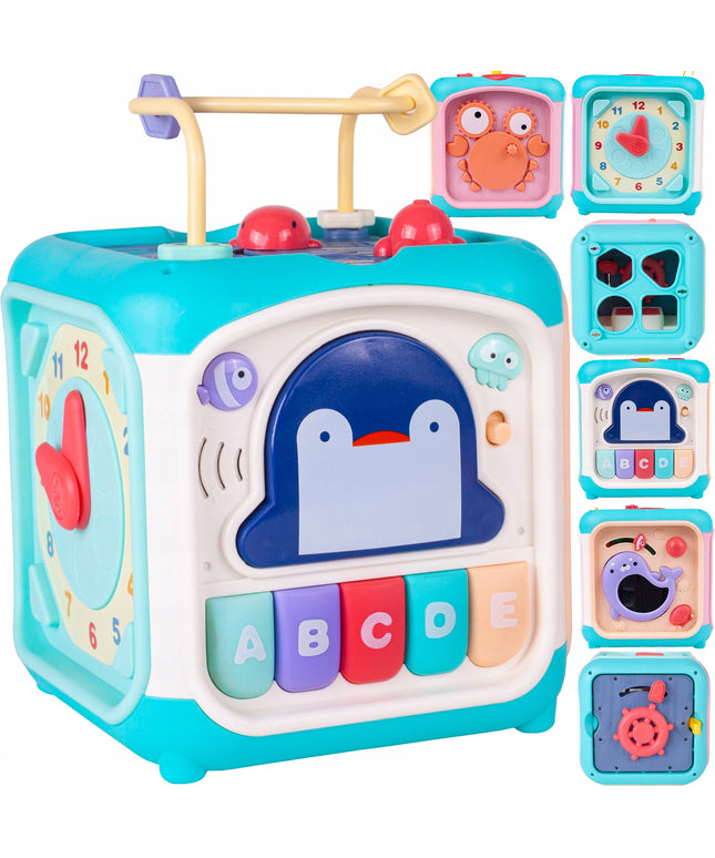 Ugdomasis sensorinis kubas - rūšiuoklis, labirintas, vėrimo žaislas, pianinas 7in1