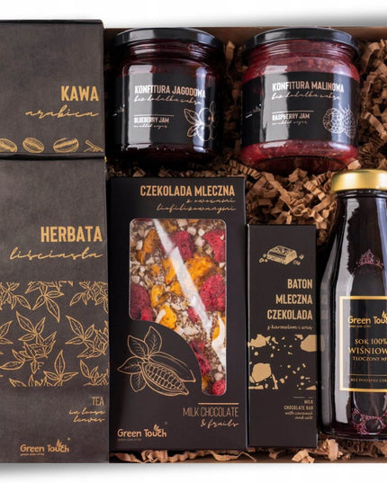 Dovanų dėžė arbata kava uogienės šokoladas batonėlis