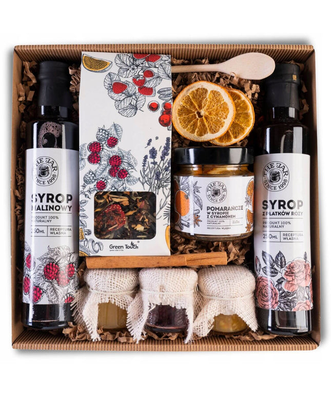 Didelis dovanų krepšelis su arbata, sirupais, vaisiais, medumi ir konfitūromis