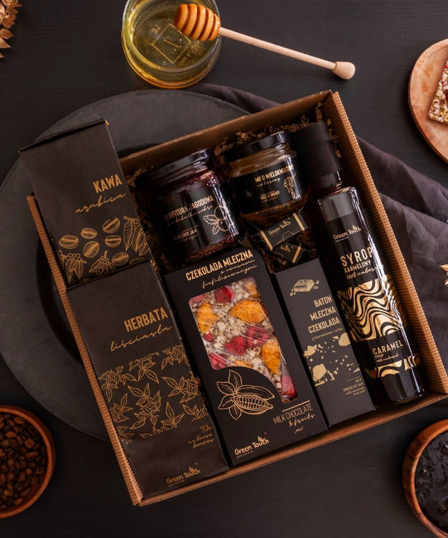 Dovanų rinkinys: arbata, kava, sirupas, šokoladas su vaisiais, saldumynai