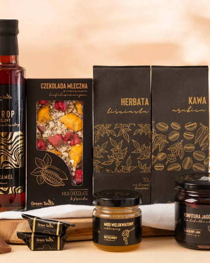 Dovanų rinkinys: arbata, kava, sirupas, šokoladas su vaisiais, saldumynai