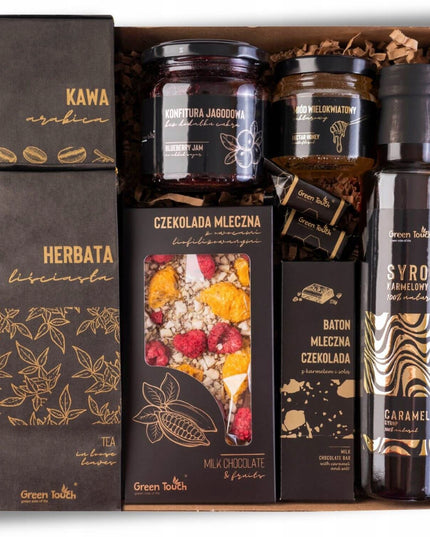 Dovanų rinkinys: arbata, kava, sirupas, šokoladas su vaisiais, saldumynai