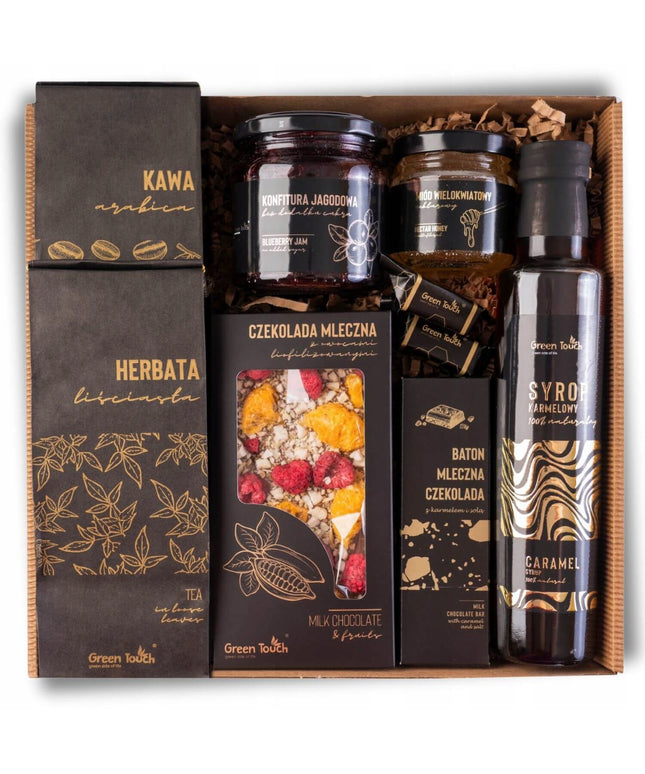 Dovanų rinkinys: arbata, kava, sirupas, šokoladas su vaisiais, saldumynai