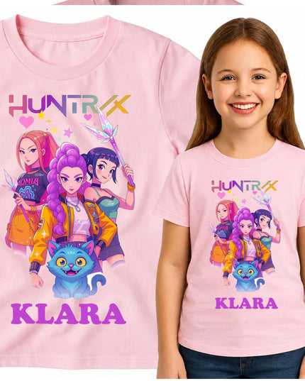 Vaikiški rožiniai „HUNTRIX K-POP DEMON HUNTERS“ marškinėliai su vardu, 116 dydis