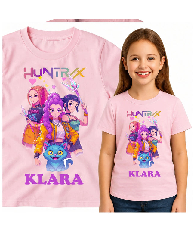 Vaikiški rožiniai „HUNTRIX K-POP DEMON HUNTERS“ marškinėliai su vardu, 116 dydis