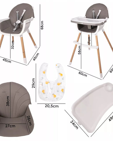 MalPlay 3-in-1 maitinimo kėdutė vaikams, sulankstoma su reguliuojamu padėklu ir saugos diržais