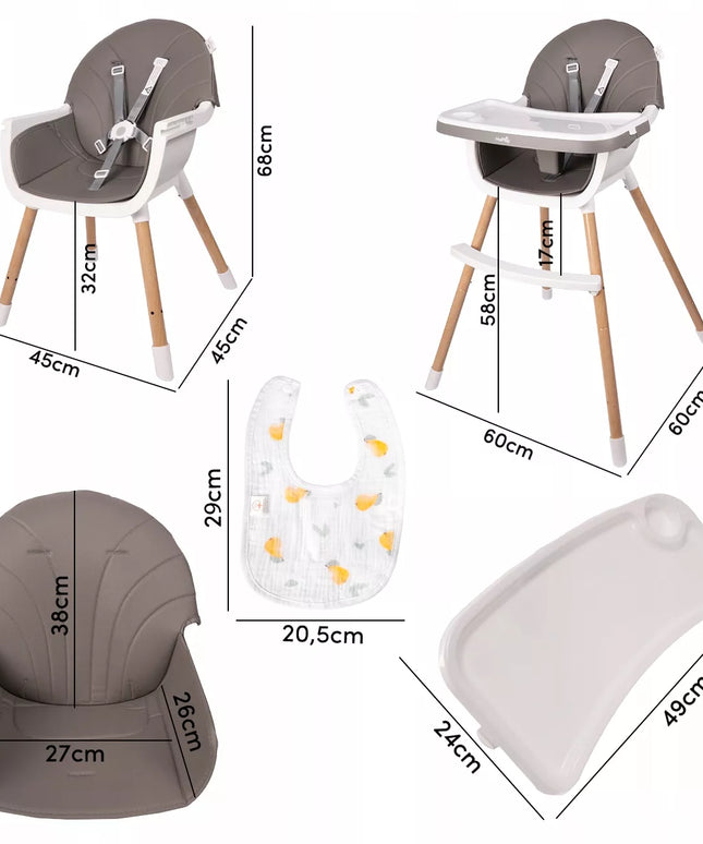 MalPlay 3-in-1 maitinimo kėdutė vaikams, sulankstoma su reguliuojamu padėklu ir saugos diržais
