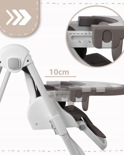 Sulankstoma vaikiška maitinimo kėdutė su reguliuojamu padėklu ir ratukais