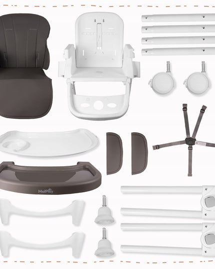 Sulankstoma vaikiška maitinimo kėdutė su reguliuojamu padėklu ir ratukais