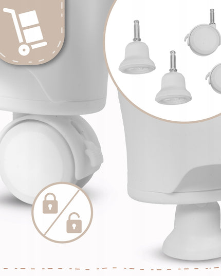 Sulankstoma vaikiška maitinimo kėdutė su reguliuojamu padėklu ir ratukais