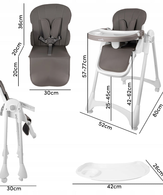 Sulankstoma vaikiška maitinimo kėdutė su reguliuojamu padėklu ir ratukais
