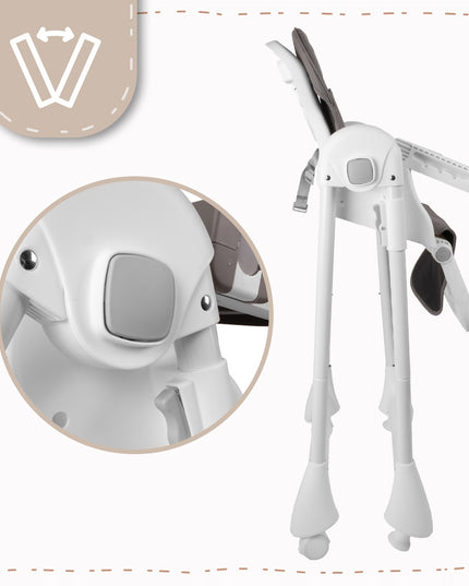 Sulankstoma vaikiška maitinimo kėdutė su reguliuojamu padėklu ir ratukais