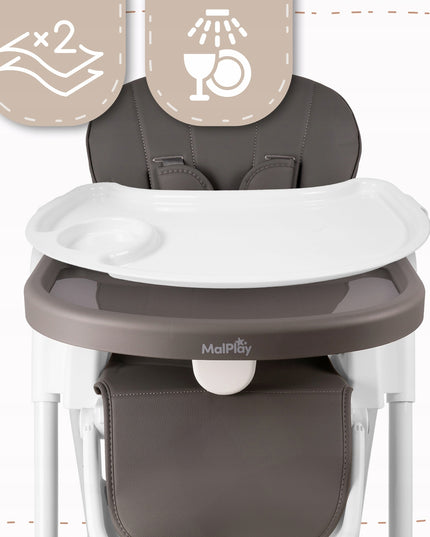 Sulankstoma vaikiška maitinimo kėdutė su reguliuojamu padėklu ir ratukais