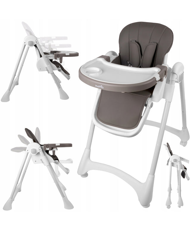 Sulankstoma vaikiška maitinimo kėdutė su reguliuojamu padėklu ir ratukais