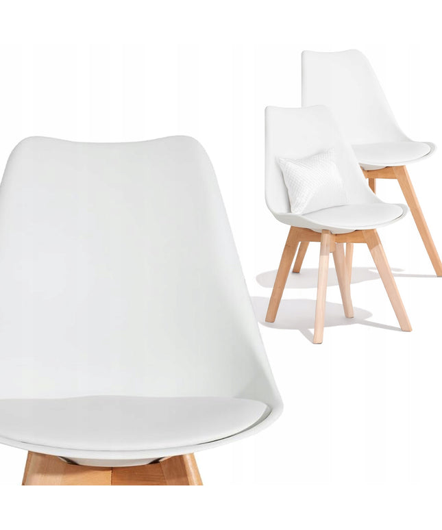 Skandinaviška kėdė su paminkštinimu, balta ekooda, medinės kojos, 2 vnt.