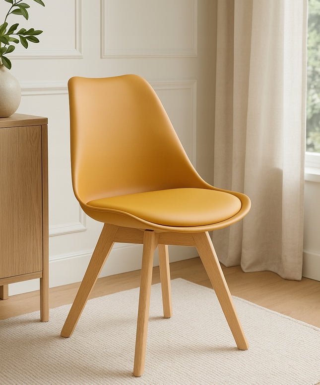 SKANDINAVIŠKA KĖDĖ SU PAGALVE, GARSTYČIŲ SPALVOS, EKOODOS, MEDINĖMIS KOJOMIS, 2 VNT.