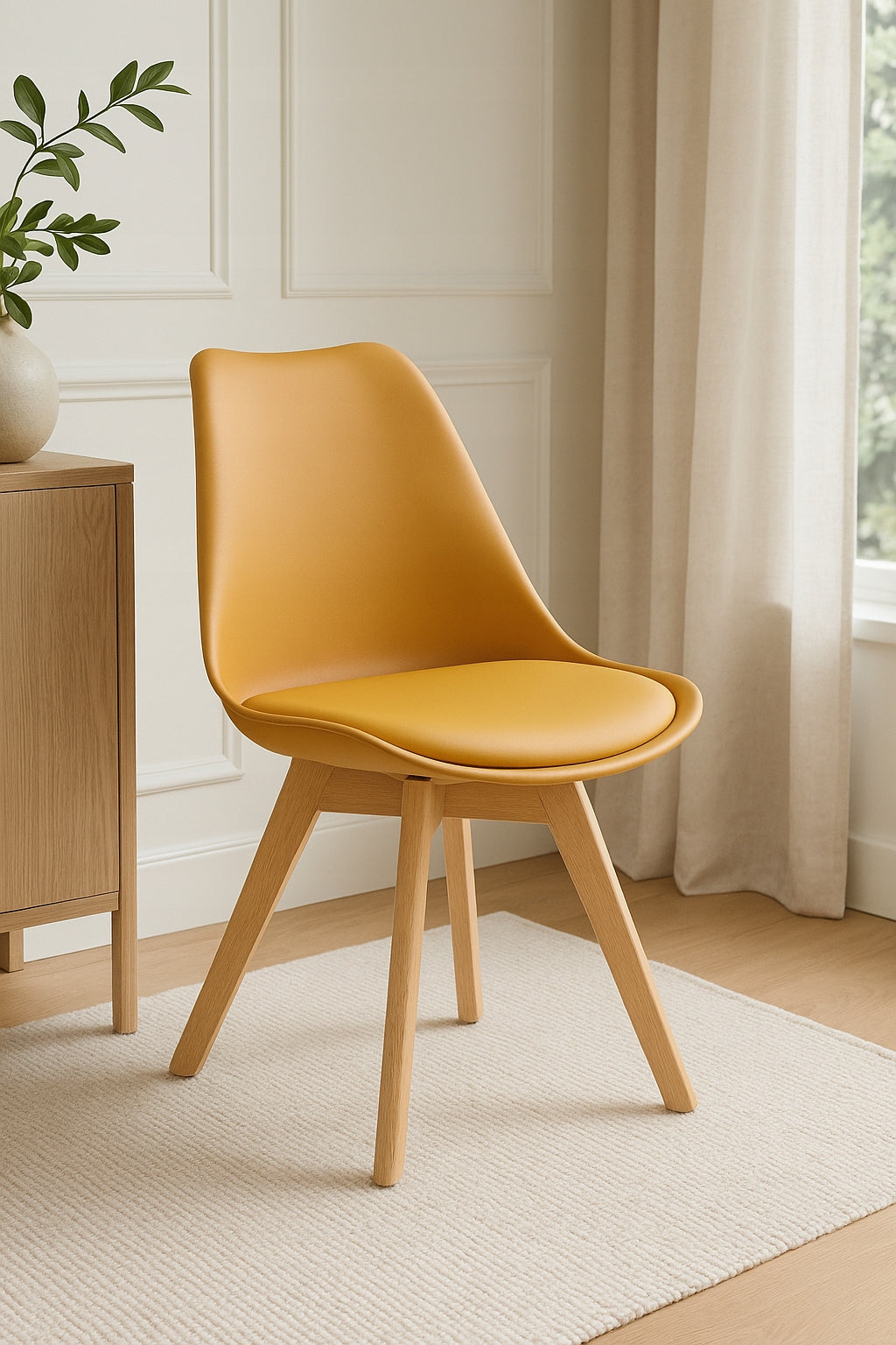 SKANDINAVIŠKA KĖDĖ SU PAGALVE, GARSTYČIŲ SPALVOS, EKOODOS, MEDINĖMIS KOJOMIS, 2 VNT.