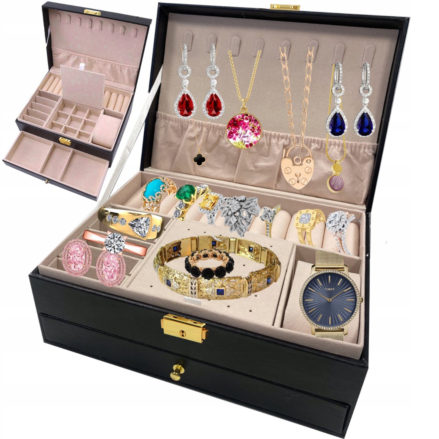 Dėžutė, skrynelė, lagaminėlis – papuošalų ir laikrodžių organizatorius XXL, su rakteliu