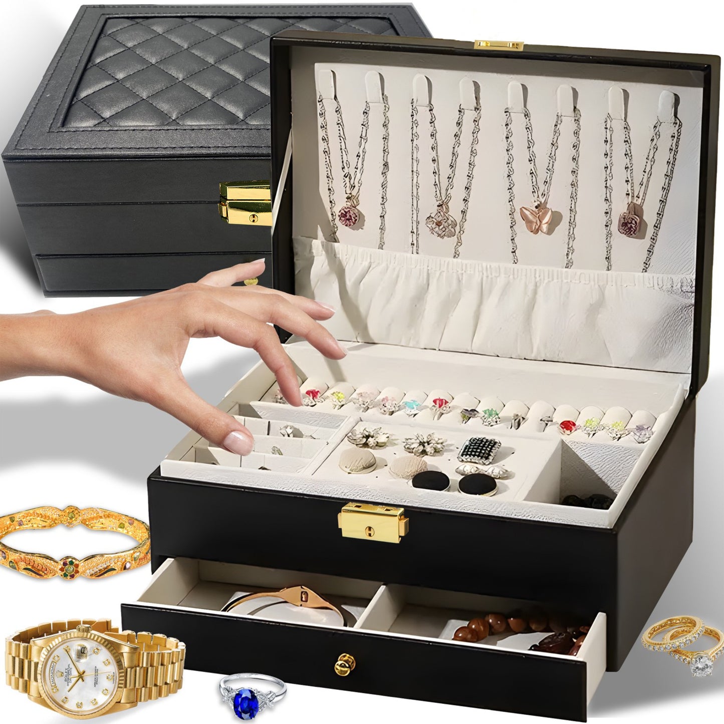 Dėžutė, skrynelė, lagaminėlis – papuošalų ir laikrodžių organizatorius XXL, su rakteliu