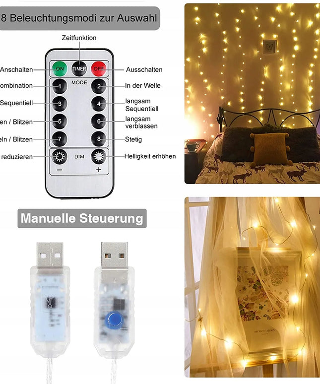 LED šviesos užuolaida, kalėdinė girlianda, USB, 3 × 3 m, nuotolinis valdymas
