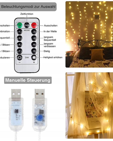 LED šviesos užuolaida, kalėdinė girlianda, USB, 3 × 3 m, nuotolinis valdymas