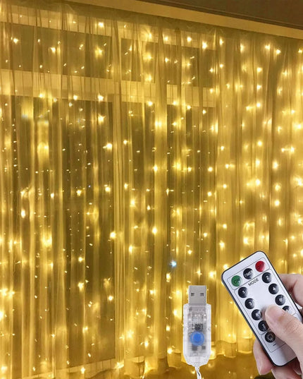 LED šviesos užuolaida, kalėdinė girlianda, USB, 3 × 3 m, nuotolinis valdymas