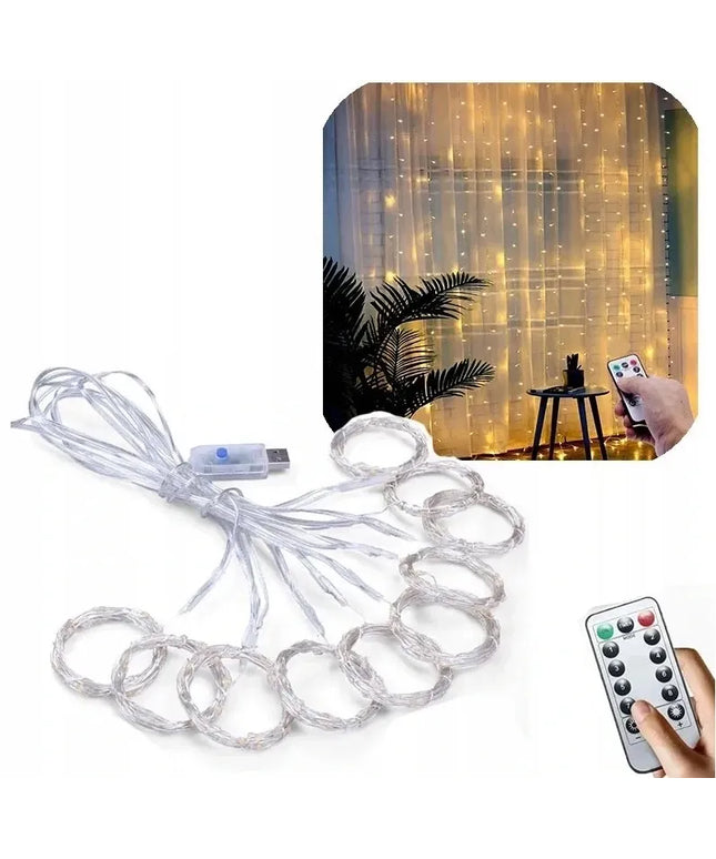 LED šviesos užuolaida, kalėdinė girlianda, USB, 3 × 3 m, nuotolinis valdymas