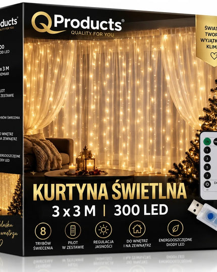 KREOleo LED šviesų užuolaida, 3 × 3 m, 300 šiltai baltų lempučių, kalėdinė girlianda