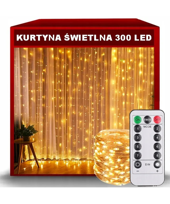LED šviesos užuolaida 3 × 3 m, 300 lempučių, šventinė girlianda langui
