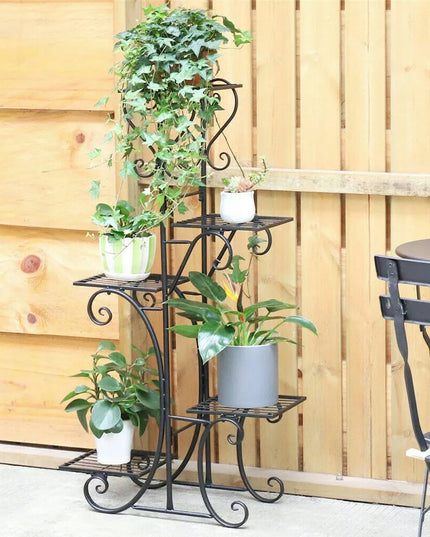 Juodas metalinis gėlių stovas su 4 lentynomis, vazonams ir augalams, lofto stiliaus