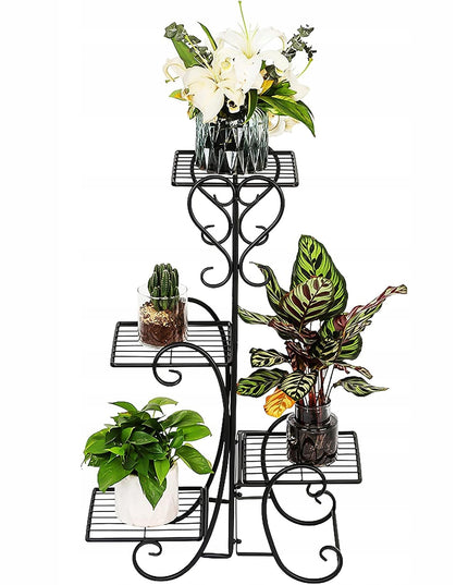 Juodas metalinis gėlių stovas su 4 lentynomis, vazonams ir augalams, lofto stiliaus