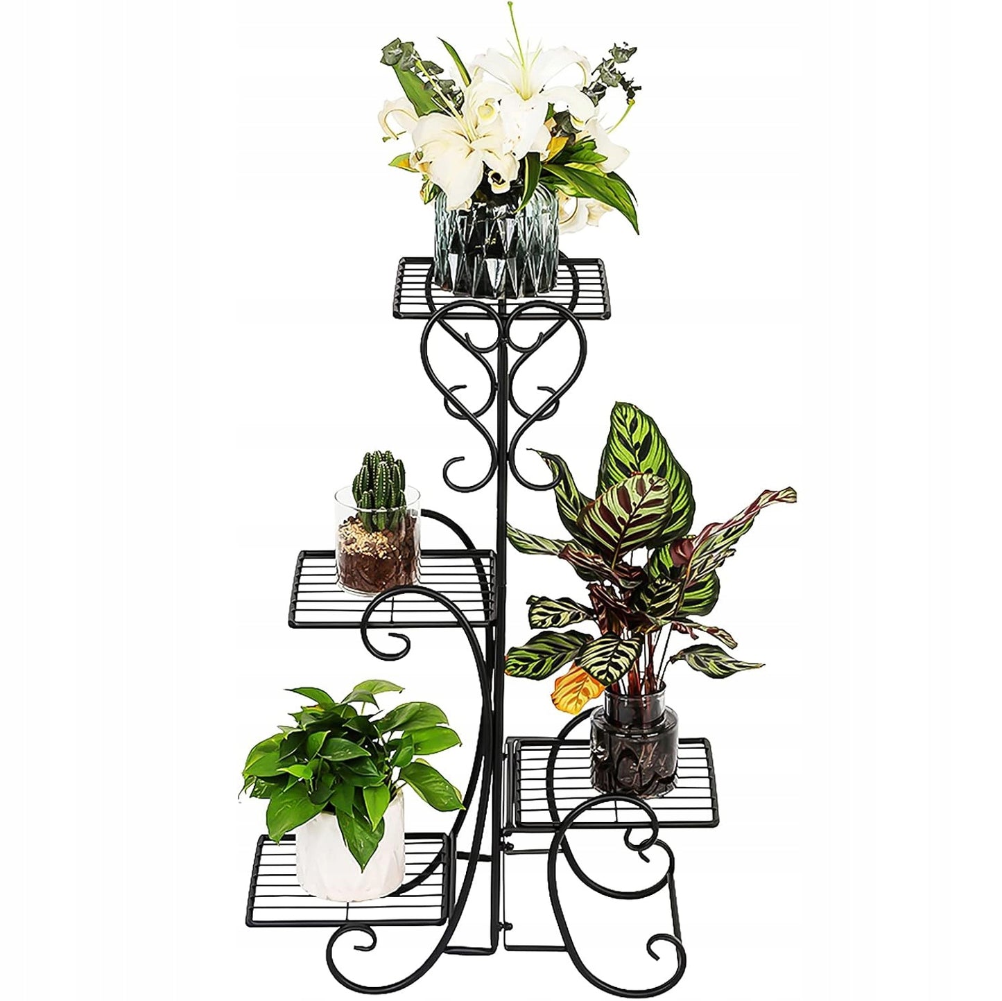 Juodas metalinis gėlių stovas su 4 lentynomis, vazonams ir augalams, lofto stiliaus