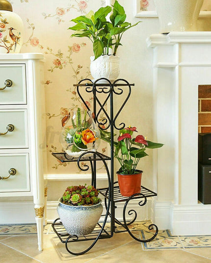 Juodas metalinis gėlių stovas su 4 lentynomis, vazonams ir augalams, lofto stiliaus